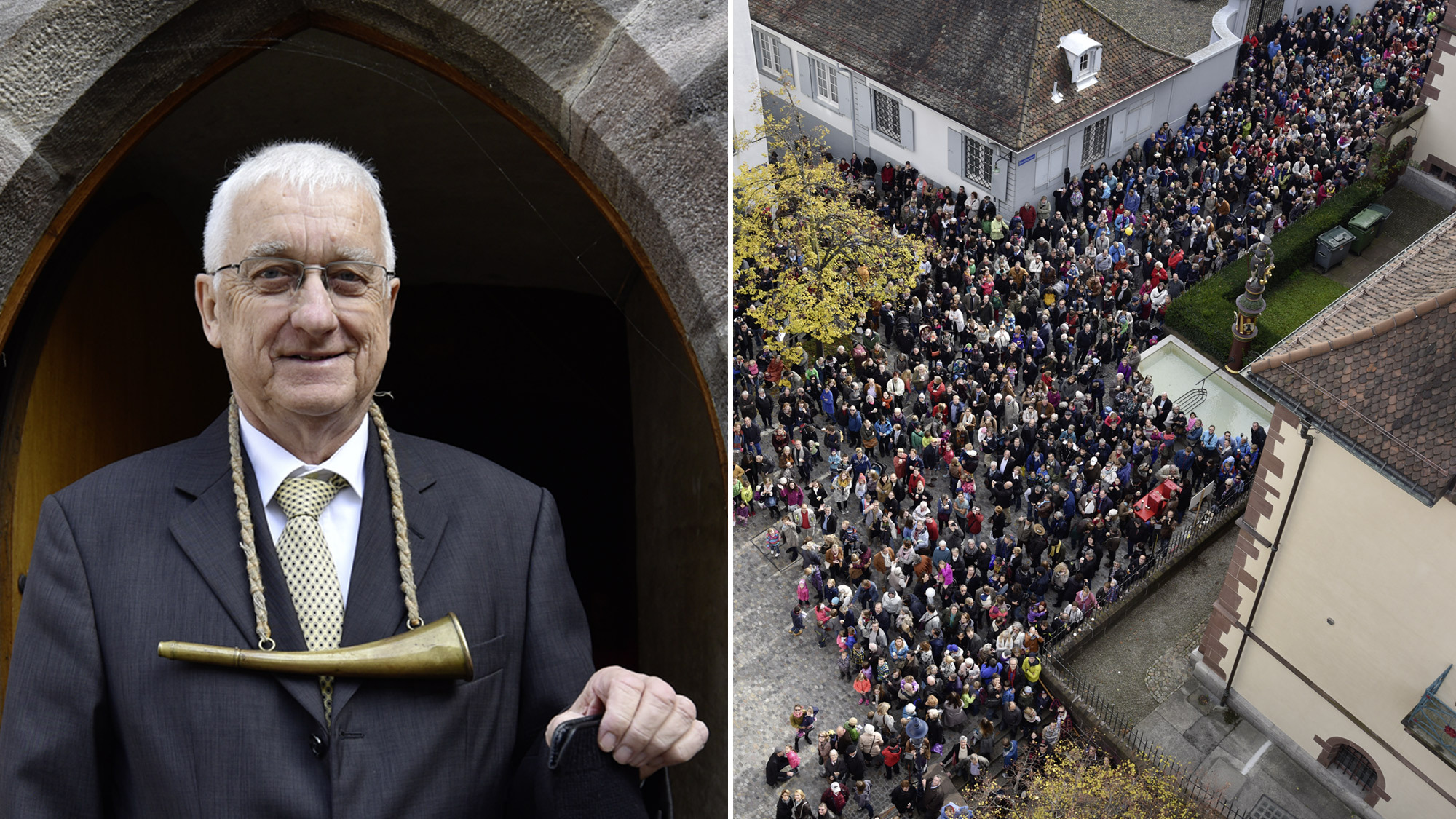 Der Mässglöggner bläst zum Einläuten der Herbstmesse ins Jagdhorn.